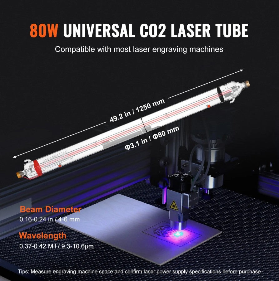 Vevor 90W CO2 Laser Tube 49.2" Borosilicate Glass for Engraving Machines New