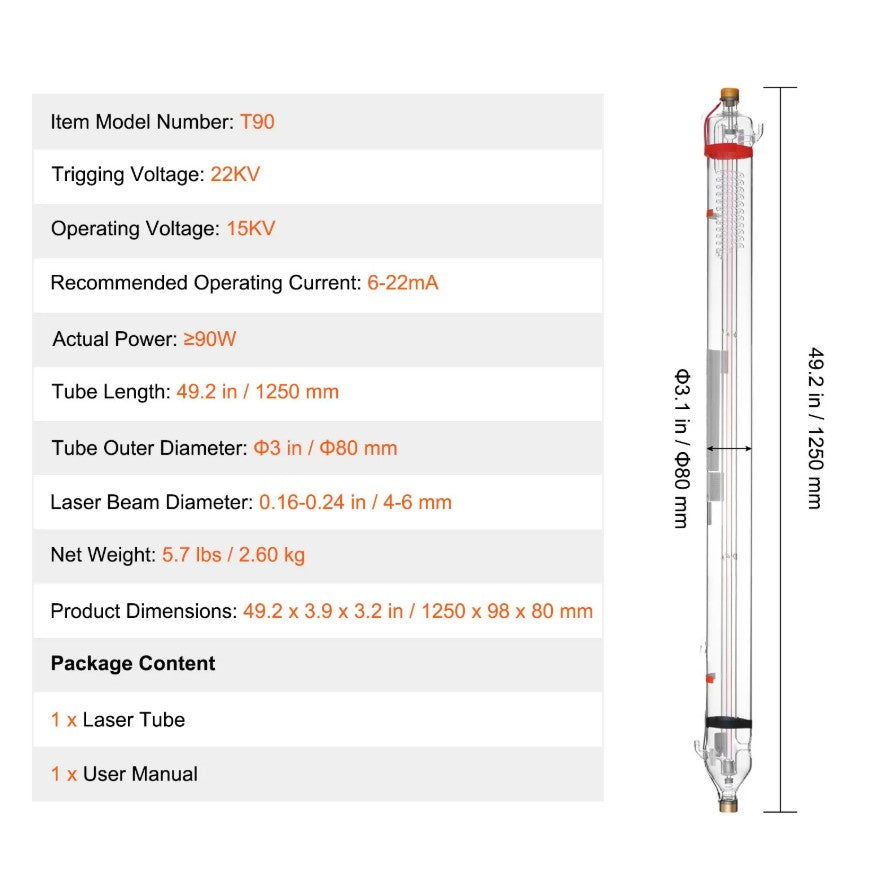 Vevor 90W CO2 Laser Tube 49.2" Borosilicate Glass for Engraving Machines New