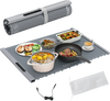 Rollable electric warming tray in gray with food, showcasing fast heating and non-slip design for safe buffet use.