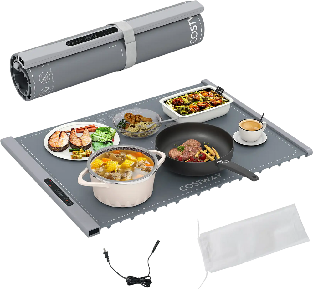 Rollable electric warming tray in gray with food, showcasing fast heating and non-slip design for safe buffet use.