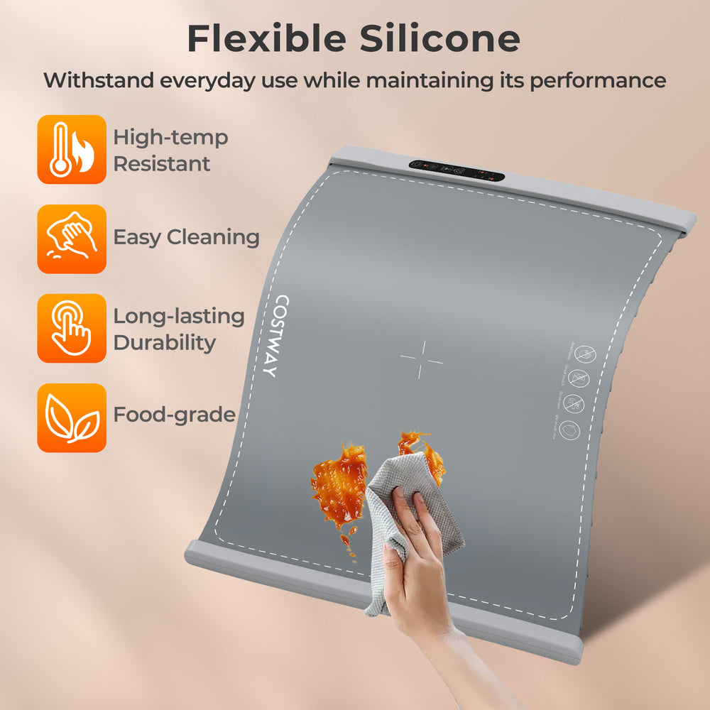 Rollable electric warming tray in gray, featuring flexible silicone, high-temp resistance, and easy cleaning for.