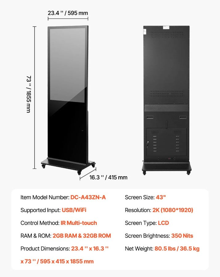 Vevor Touchscreen Digital Signage Kiosk 43" 2K UHD with Android 11 New