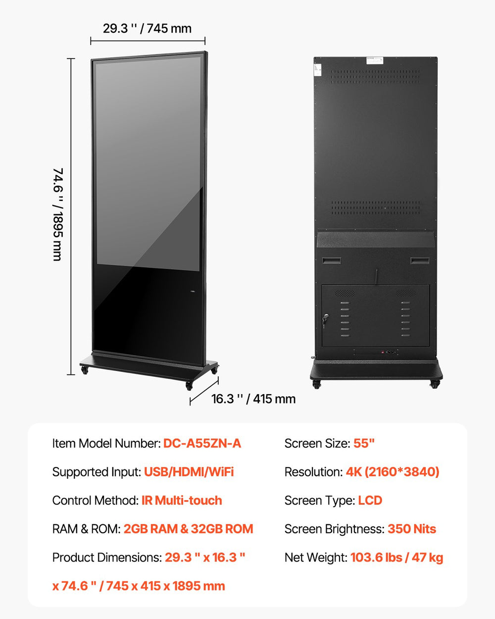 Vevor 4K Touchscreen Digital Signage Kiosk 55" Floor Standing LCD Display New