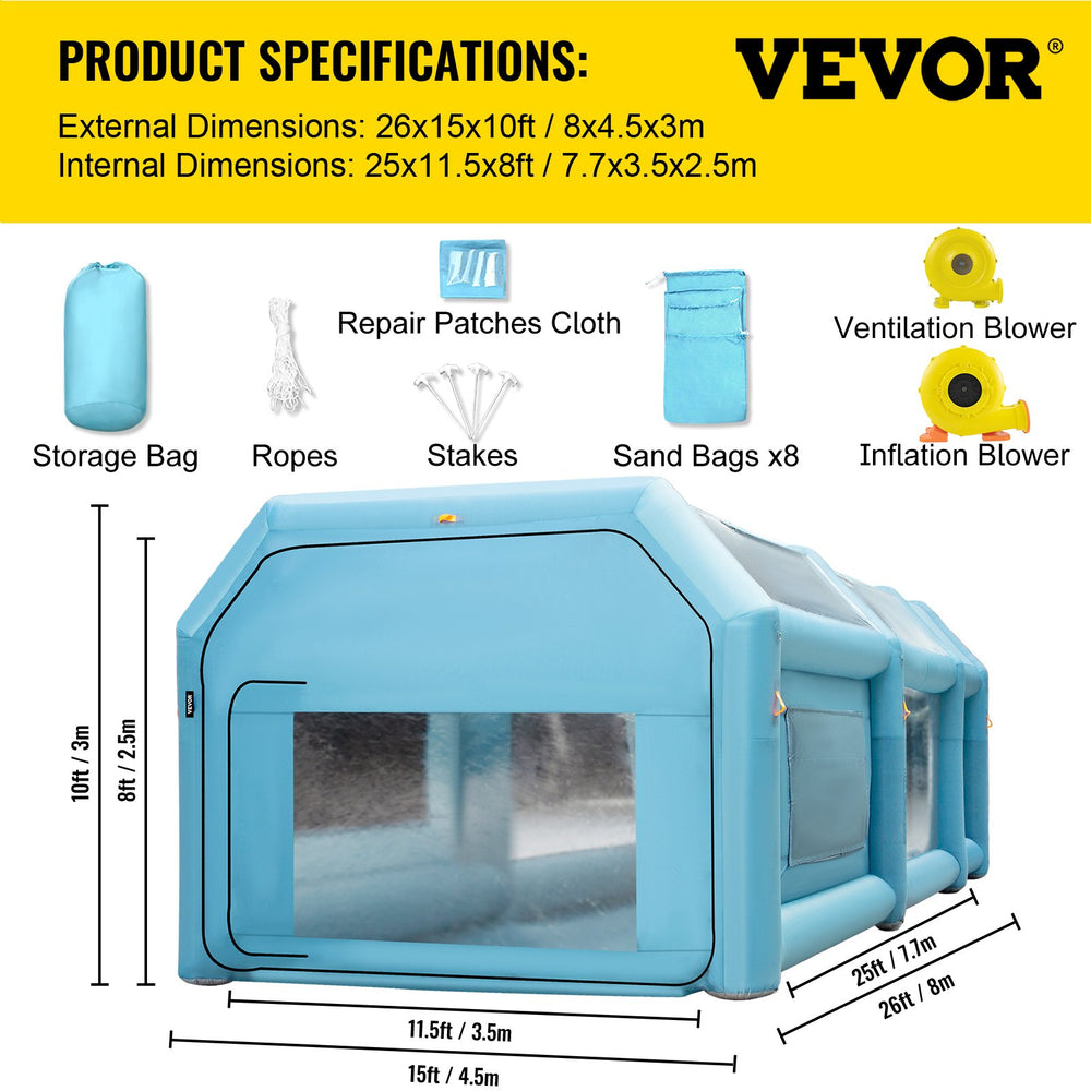 Vevor Inflatable Paint Booth 26' x 15' x 10' 950W Inflation 350W Ventilation Blowers with Air Filtration System New