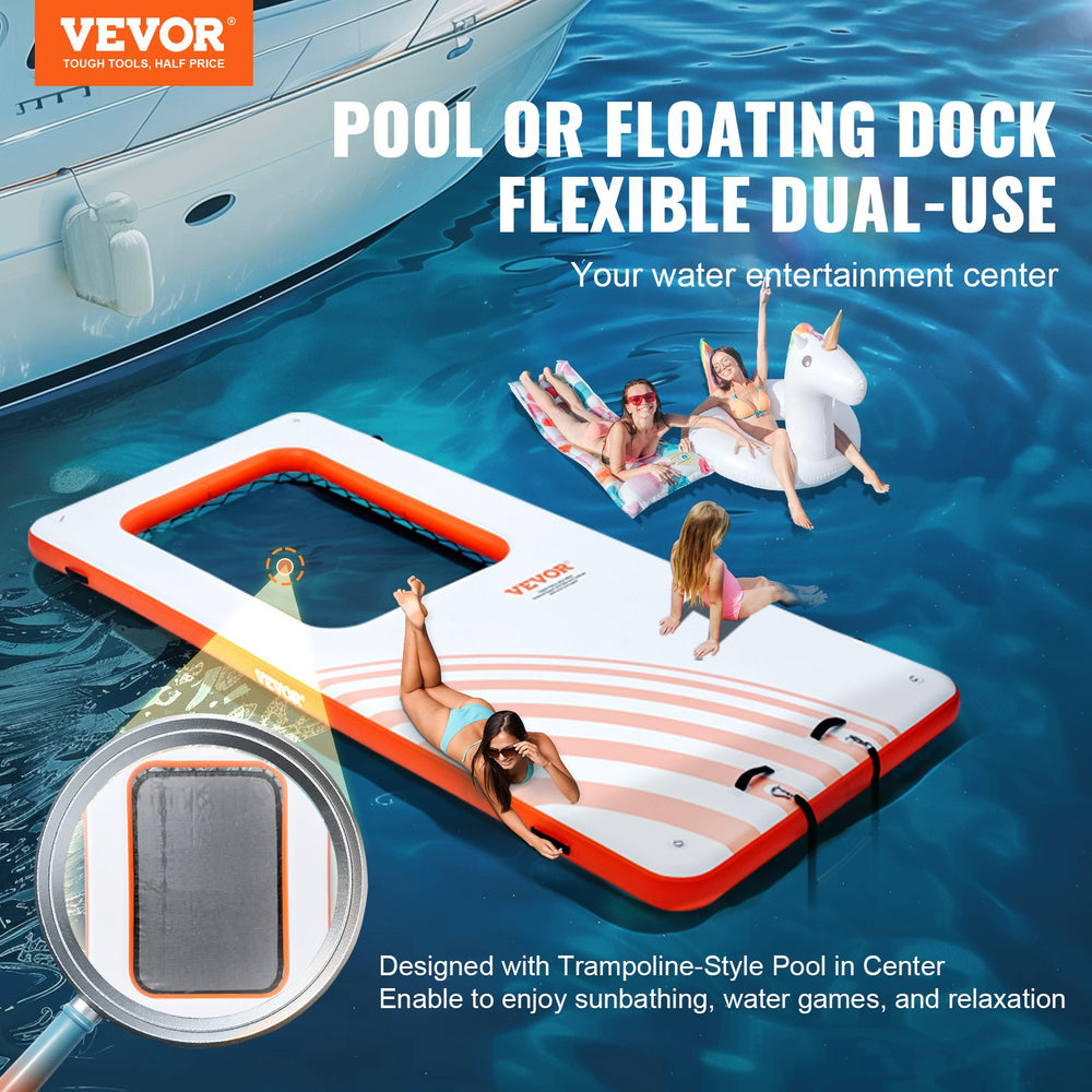 Vevor Inflatable Floating Dock 15' x 6.5' Non-Slip Platform with 4' x 6' Trampoline Mesh Pool and Detachable Ladder New