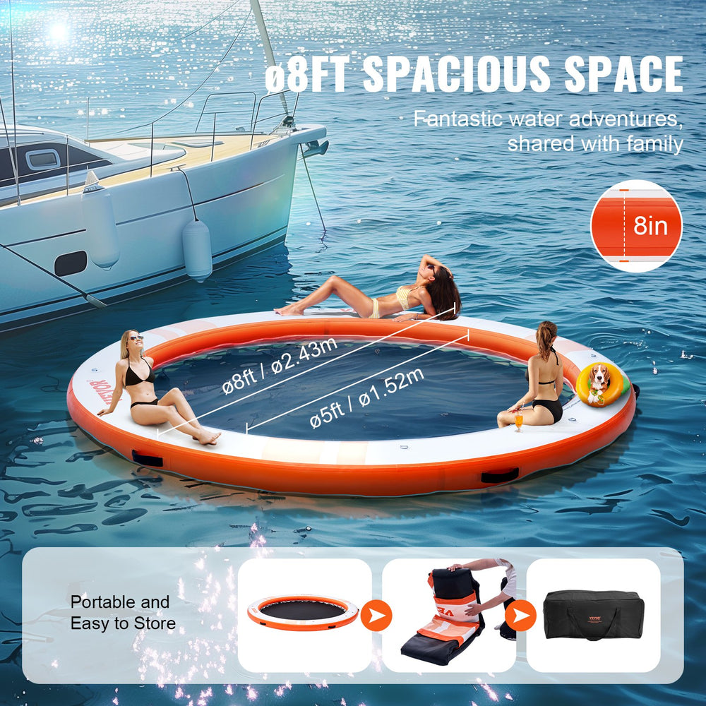 Vevor Inflatable Floating Dock 8' Dia. Non-Slip Platform with 5' Trampoline Mesh Pool and Detachable Ladder New