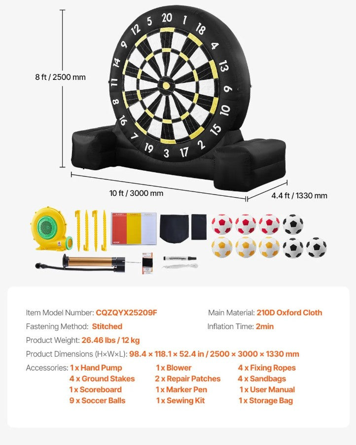 Vevor Inflatable Soccer Dart Board 8' Tall Includes 370W Blower and 9 Kick Balls New