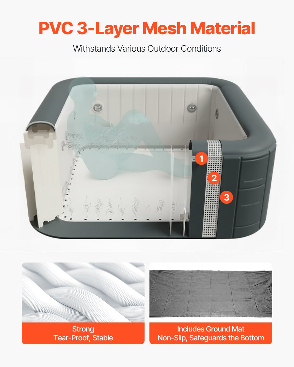 Vevor Inflatable Hot Tub 72.8" x 26" 4 to 6 Person Square Portable Spa 130 Jets New