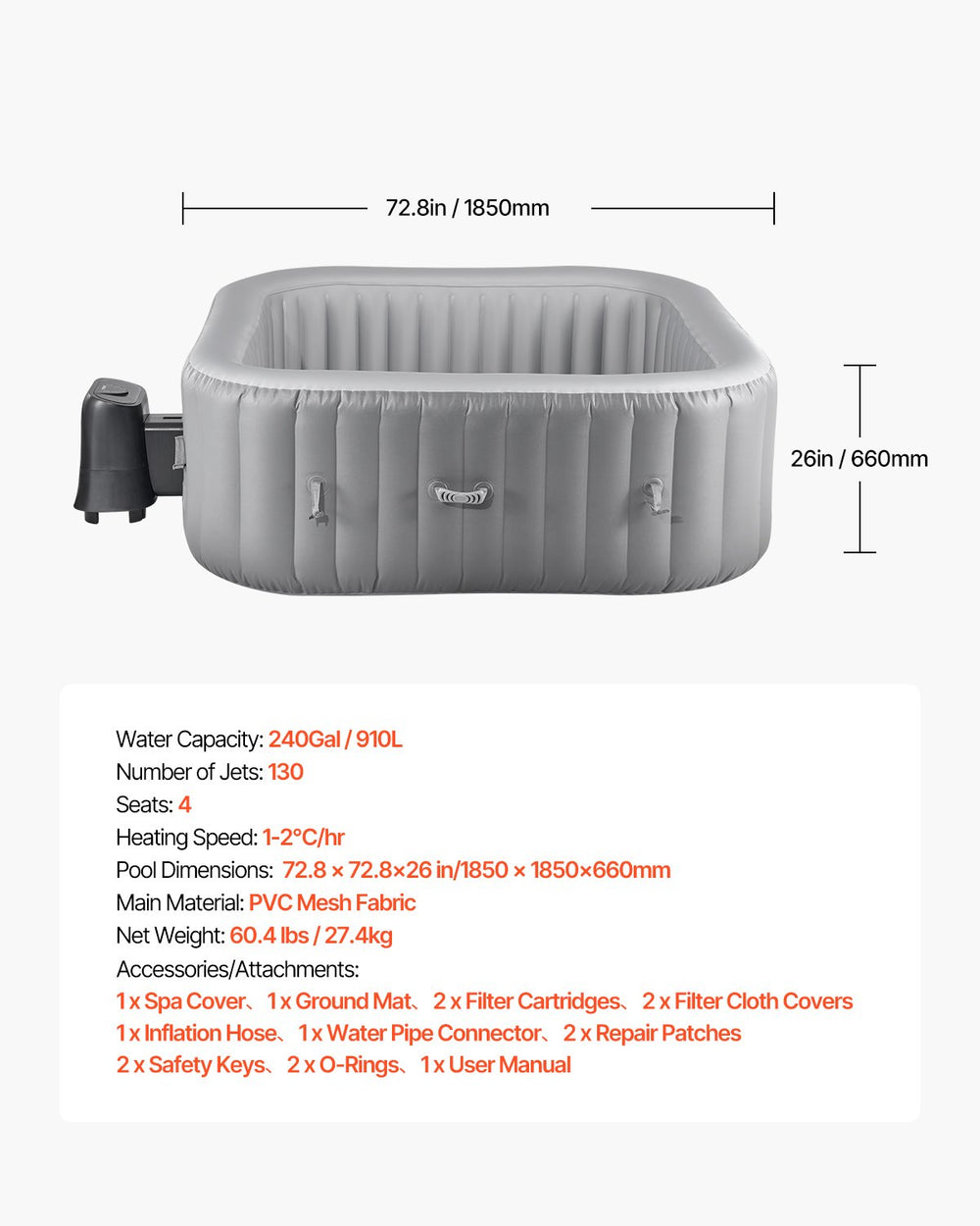 Vevor Inflatable Hot Tub 72.8" x 26" 4 to 6 Person Square Portable Spa 130 Jets New