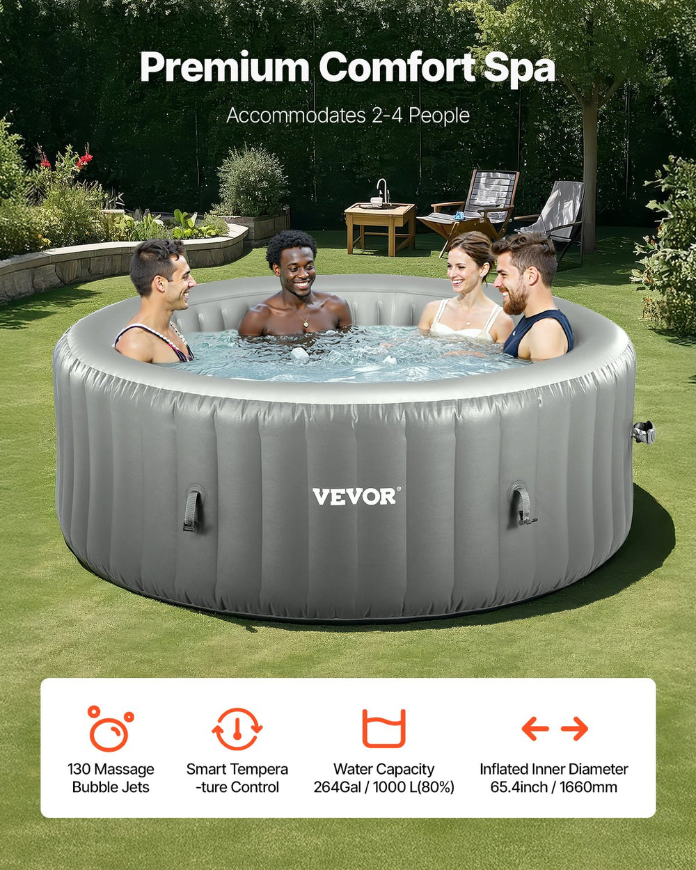 Vevor Inflatable Hot Tub 81.9" x 26" 4 to 6 Person Round Portable Spa 130 Jets New