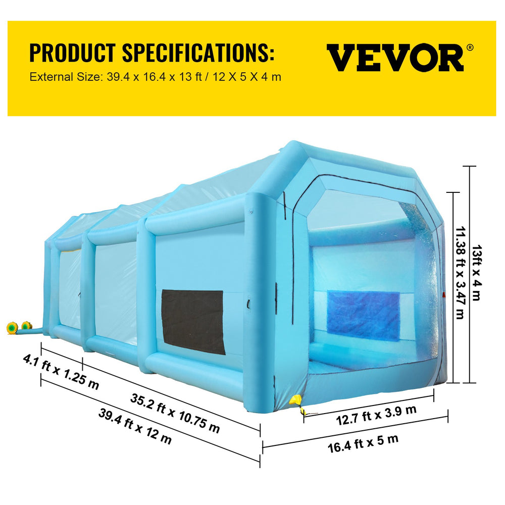 Vevor Inflatable Paint Booth 39.4' x 16.4' x 13.1' 1100W Inflation 950W Ventilation Blowers with Air Filtration System New