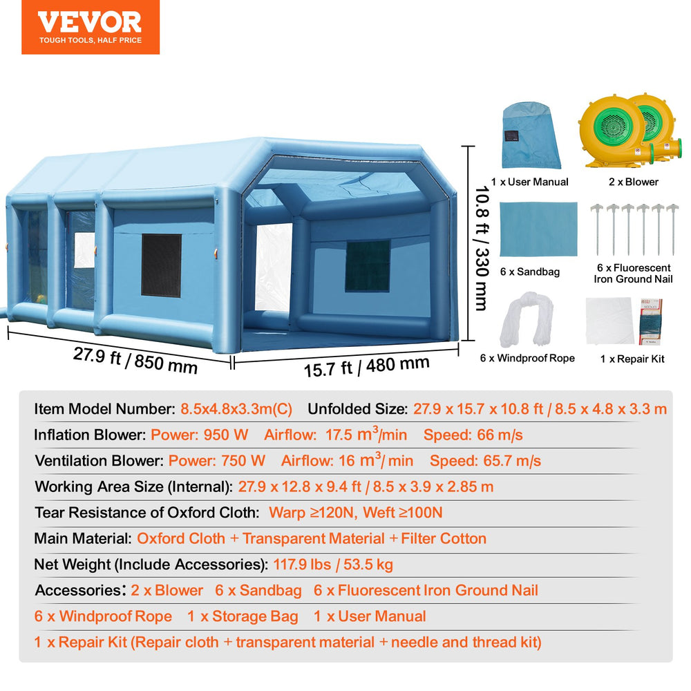 Vevor Inflatable Paint Booth 27.9' x 15.7' x 10.8' 950W Inflation 750W Ventilation Blowers with Air Filtration System New