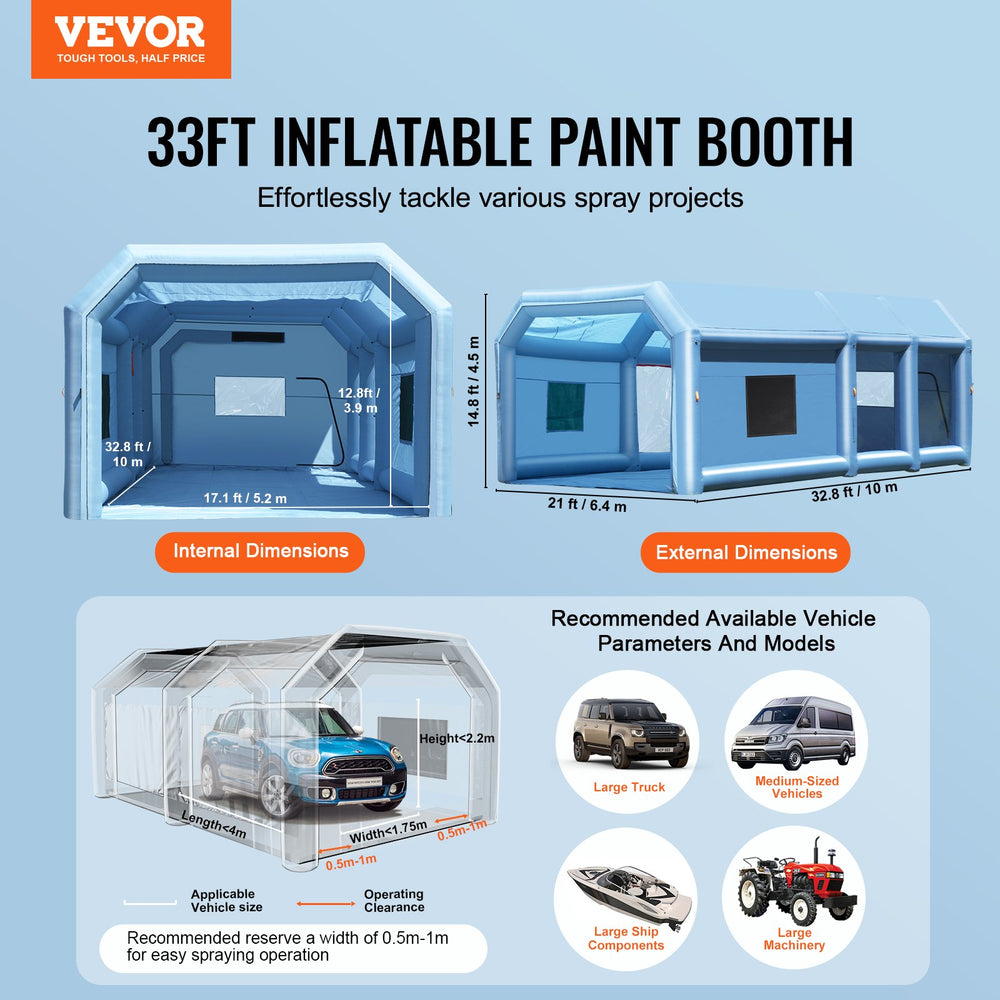 Vevor Inflatable Paint Booth 32.8' x 21' x 14.8' 950W Inflation 750W Ventilation Blowers with Air Filtration System New