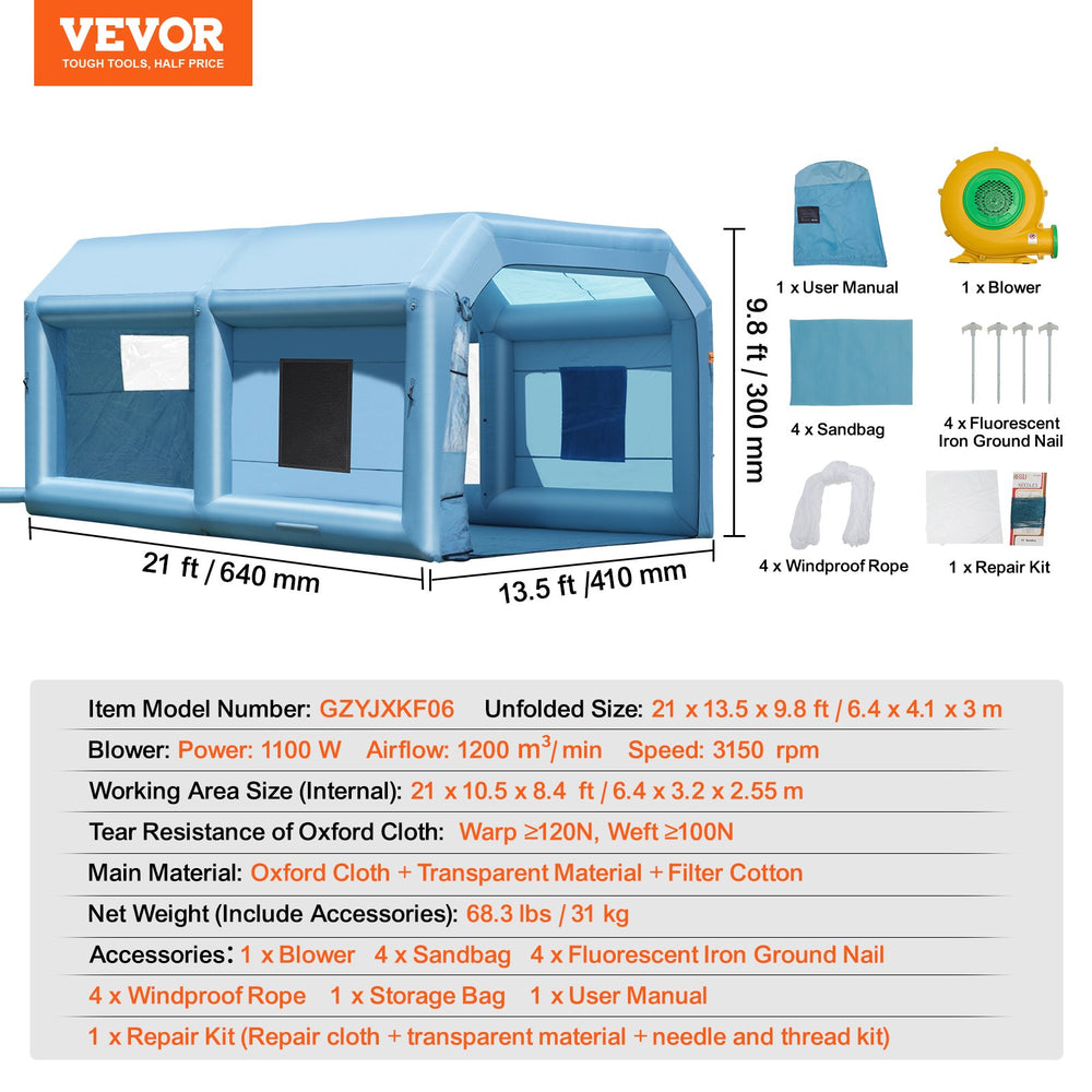 Vevor Inflatable Paint Booth 21' x 13.5' x 9.8' 1100W Blower with Air Filtration System New