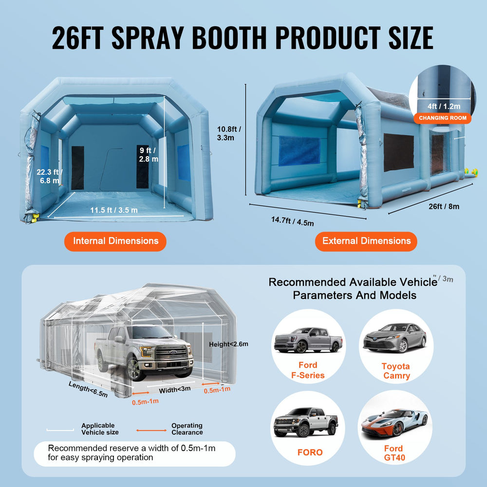 Vevor Inflatable Paint Booth 26' x 14.7' x 10.8' Spray Tent 950W 750W Blowers Air Filter System New