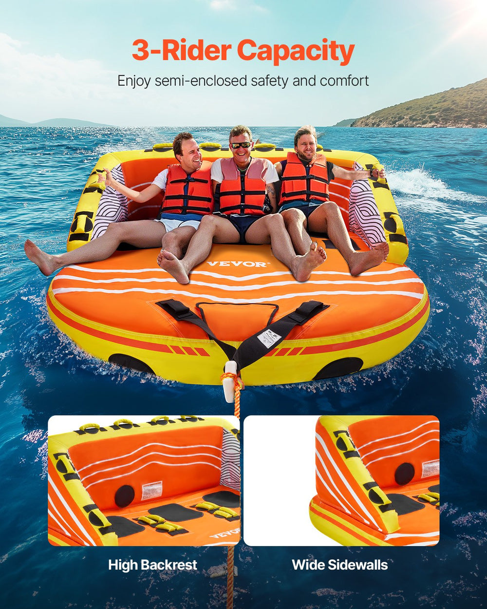Vevor Towable Tube for Boating 1 to 3 Riders 510 Lb Capacity Dual Tow Points 16 Padded Handles New
