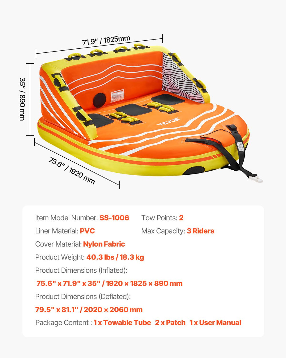 Vevor Towable Tube for Boating 1 to 3 Riders 510 Lb Capacity Dual Tow Points 16 Padded Handles New