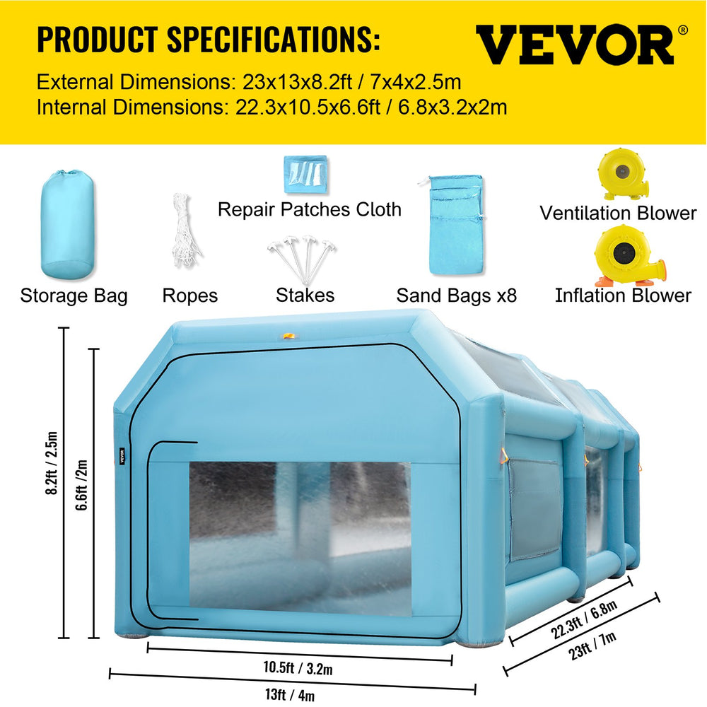 Vevor Inflatable Paint Booth 23' x 13' x 8' 750W Inflation 350W Ventilation Blowers with Air Filtration System New