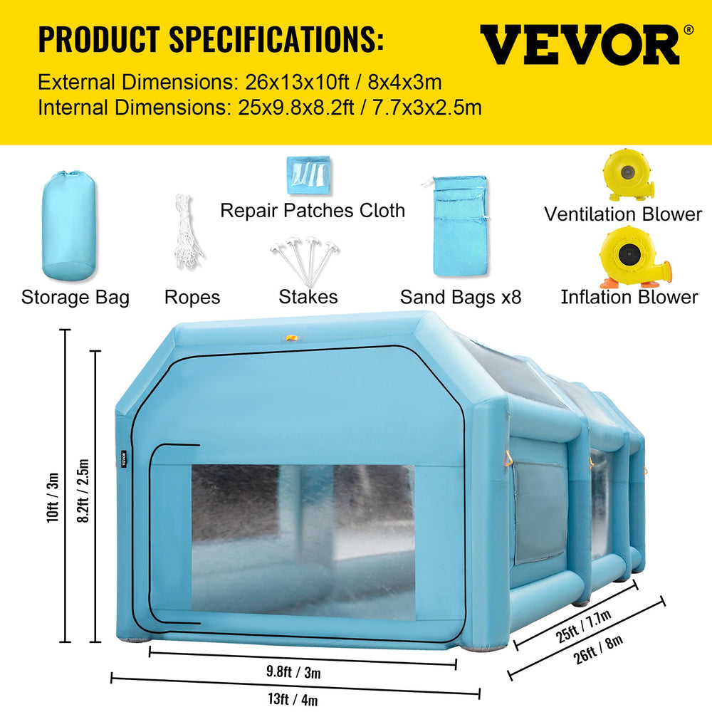 Vevor Inflatable Paint Booth 26' x 13' x 10' 950W Inflation 350W Ventilation Blowers with Air Filtration System New