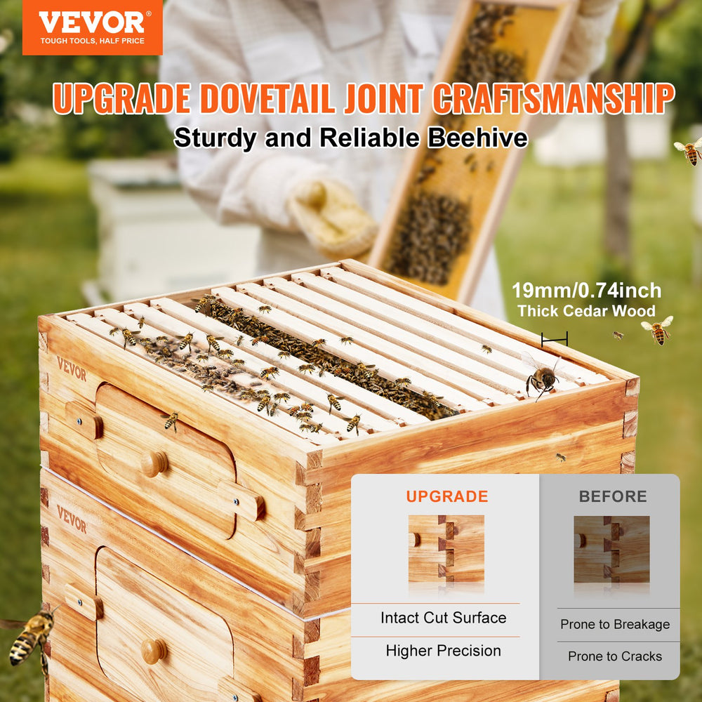 Vevor Bee Hive 30 Frame Kit Beeswax Coated Cedar Wood 2 Deep and 1 Medium Size Boxes New