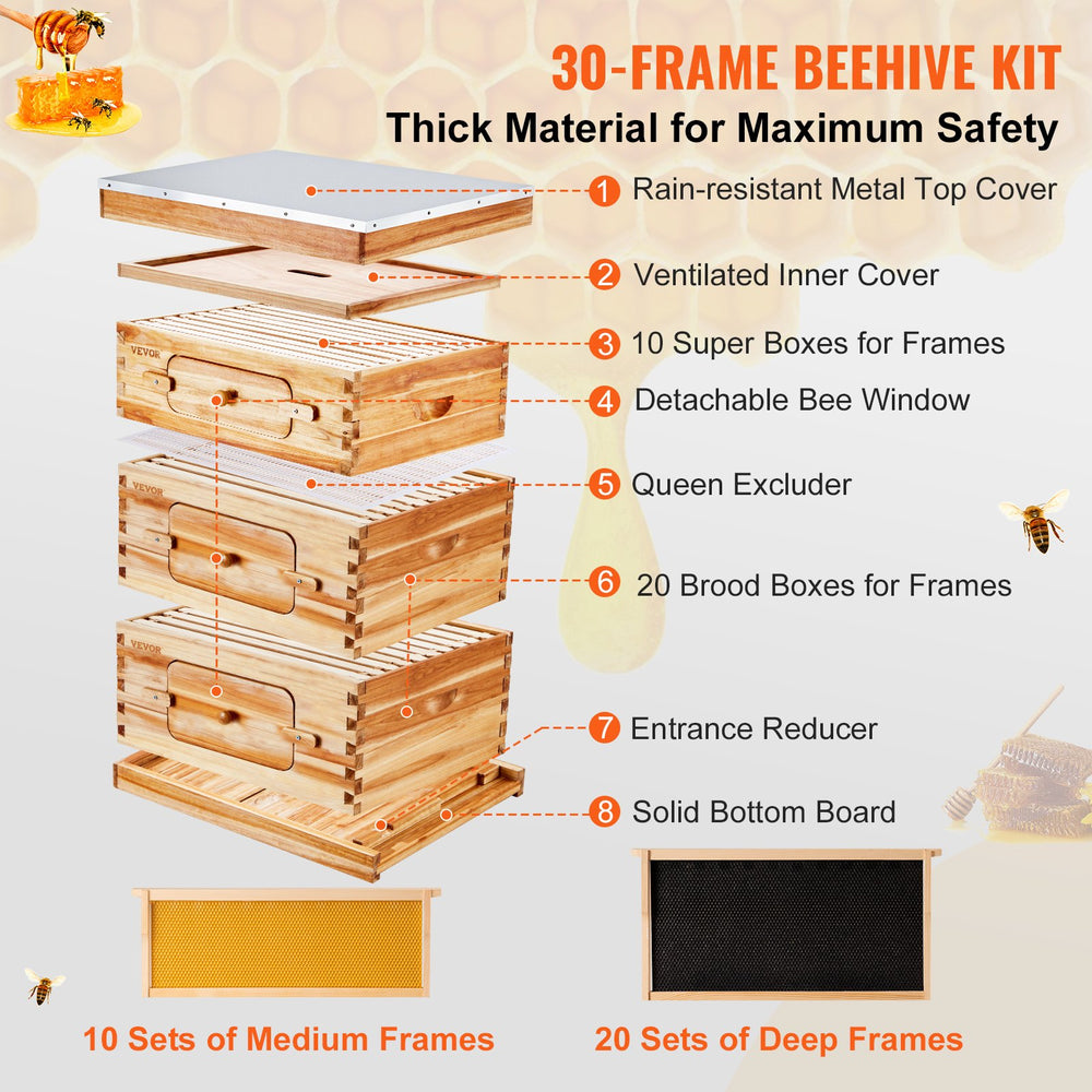 Vevor Bee Hive 30 Frame Kit Beeswax Coated Cedar Wood 2 Deep and 1 Medium Size Boxes New