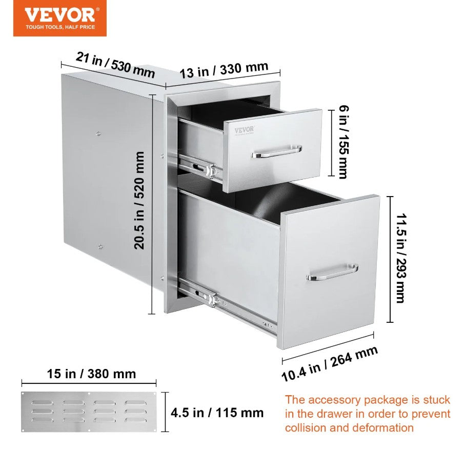 Vevor Outdoor Kitchen Drawers 13" x 20.5" x 21" Double Storage Stainless Steel New
