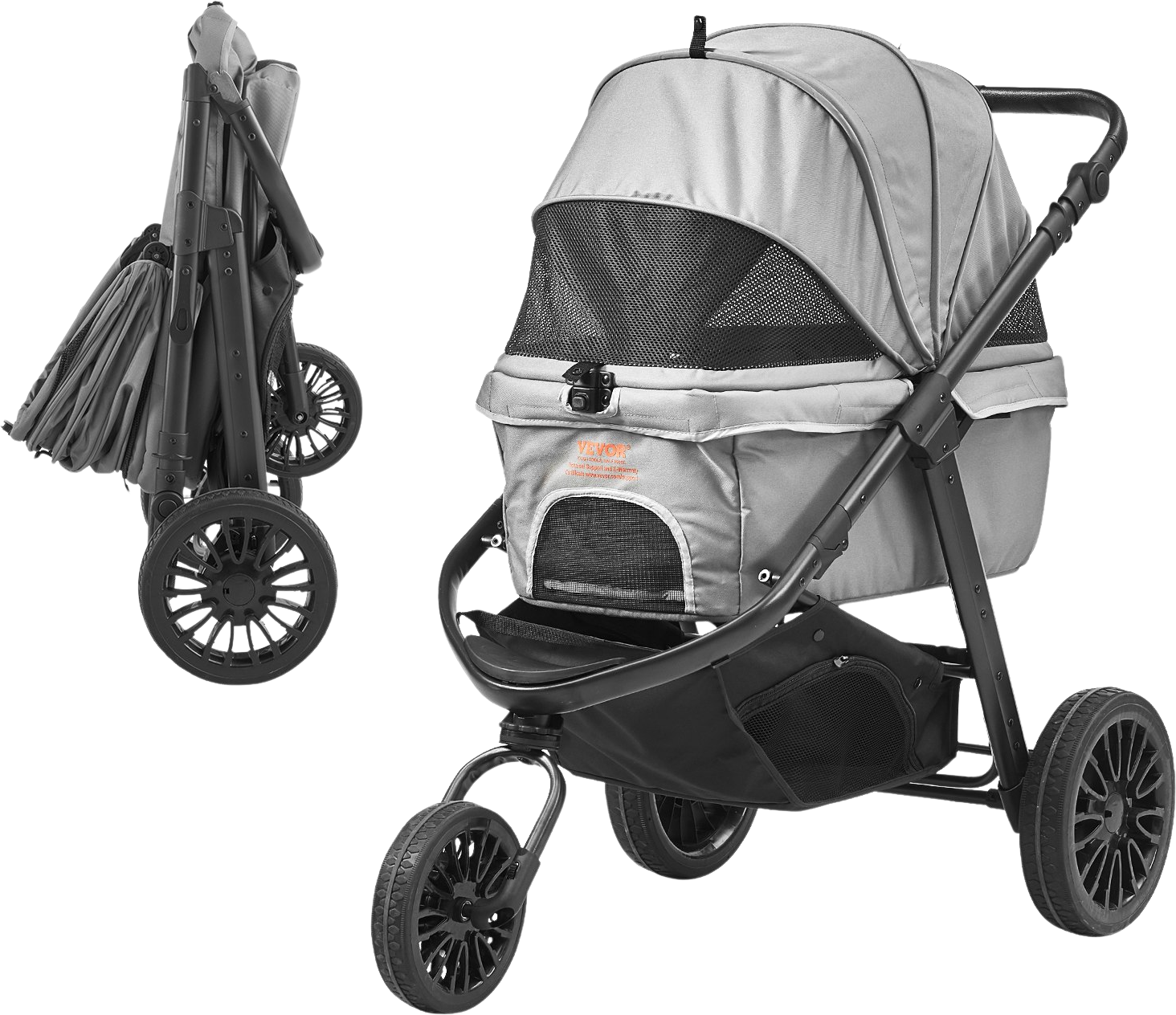 Vevor Pet Stroller 75 Lbs. Capacity 3-Wheel Dual-Brake Quick Fold Storage Basket Grey New