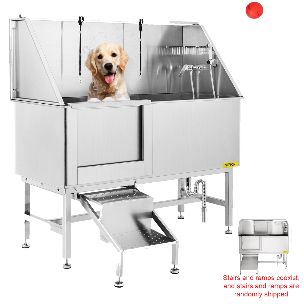 Vevor 62" Professional Dog Grooming Tub Stainless Steel with Walk-In Ramp Left Door New