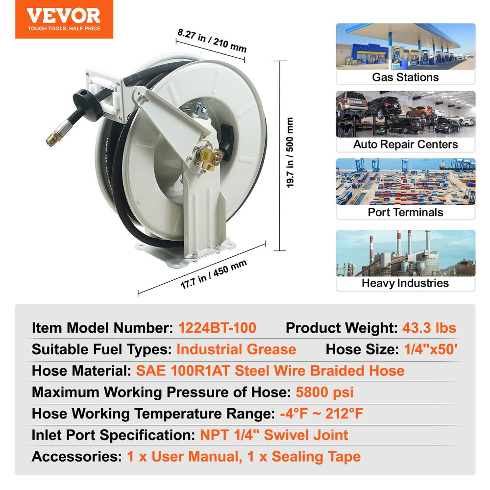 Vevor Hose Reel Retractable 1/4" x 50' 2300 PSI 1/4" NPT Automatic Nozzle New