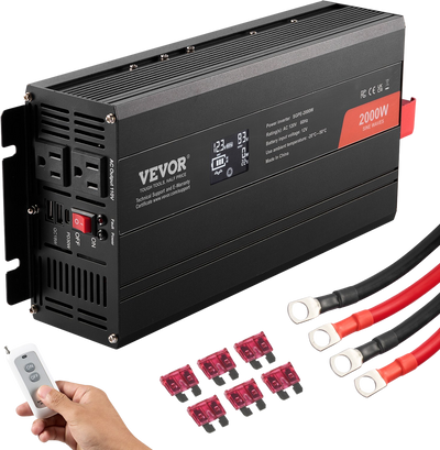 Vevor Power Inverter 2000W Pure Sine Wave DC 12V AC 120V LCD Display and Remote Controller New