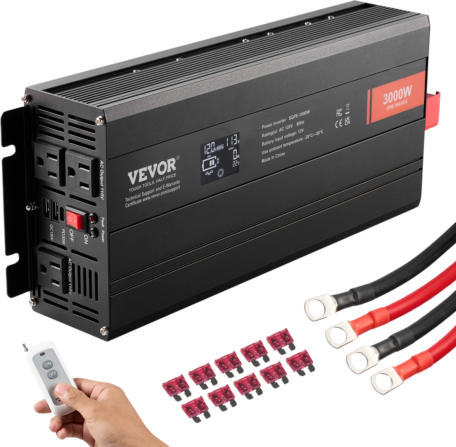 Vevor Power Inverter 3000W Pure Sine Wave DC 12V AC 120V LCD Display and Remote Controller New