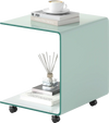 C-shaped end table with a white tempered glass surface and 2-tier shelf, featuring lockable wheels for easy mobility.
