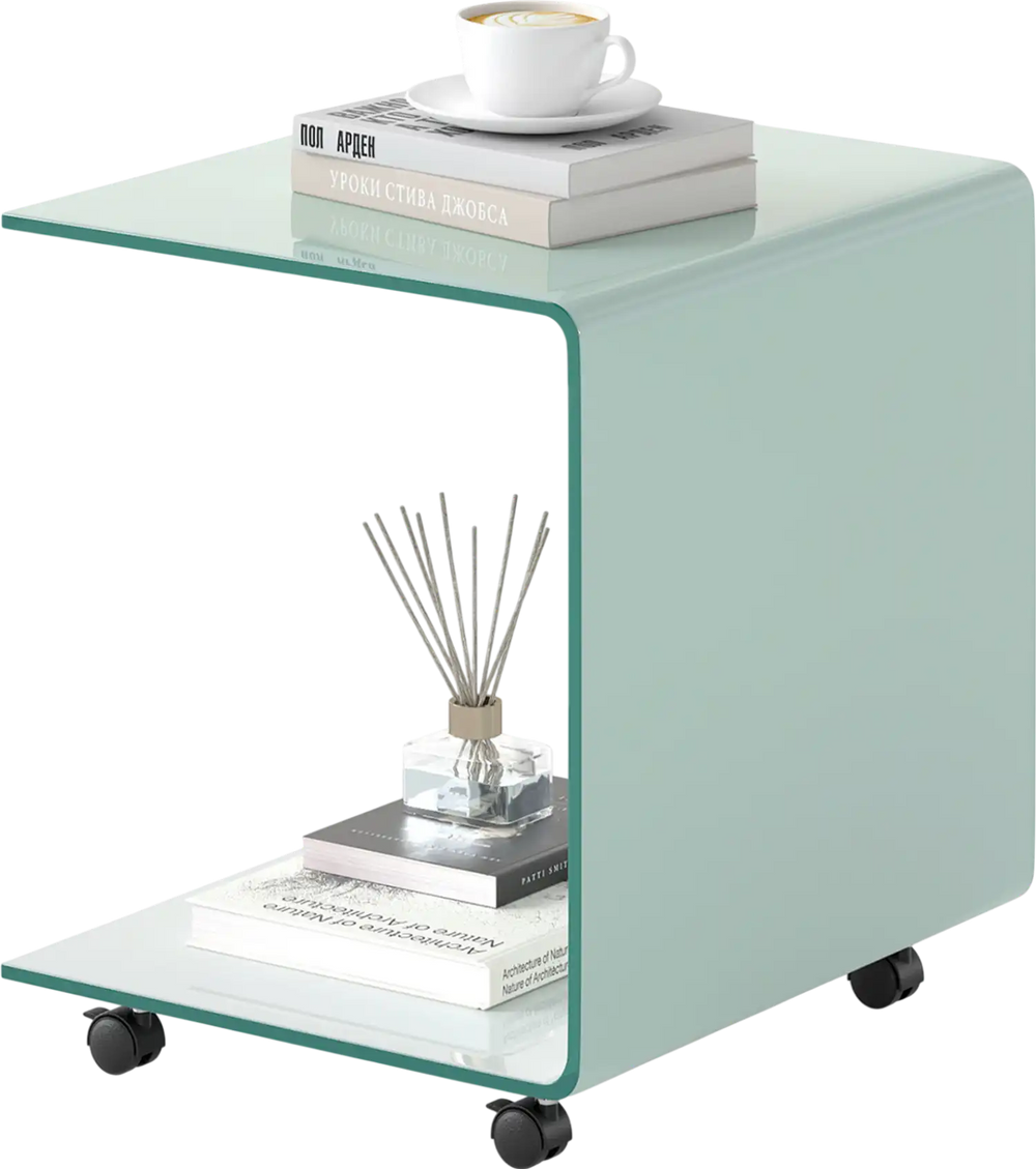 C-shaped end table with a white tempered glass surface and 2-tier shelf, featuring lockable wheels for easy mobility.