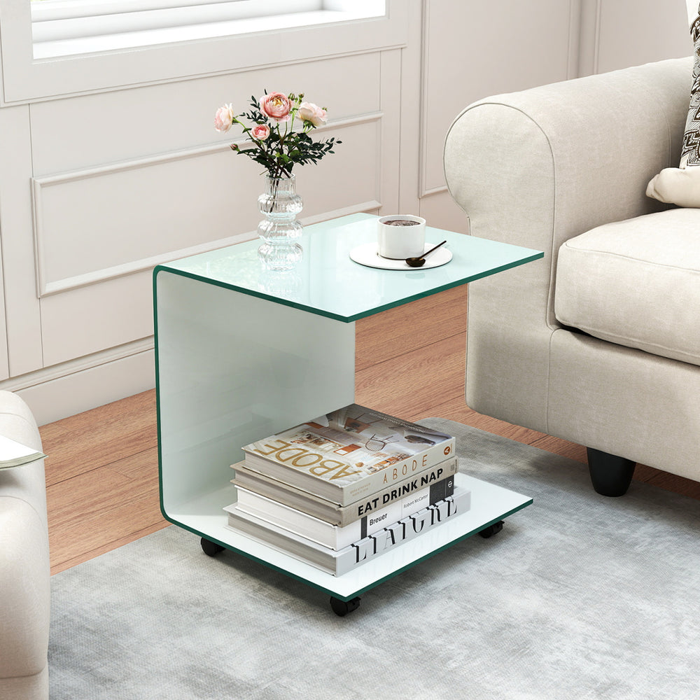 C-shaped end table in tempered glass with a 2-tier shelf, ideal as a modern side table for versatile use.