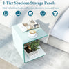 C-shaped end table with a white tempered glass surface and 2-tier storage, ideal for books and coffee cups.