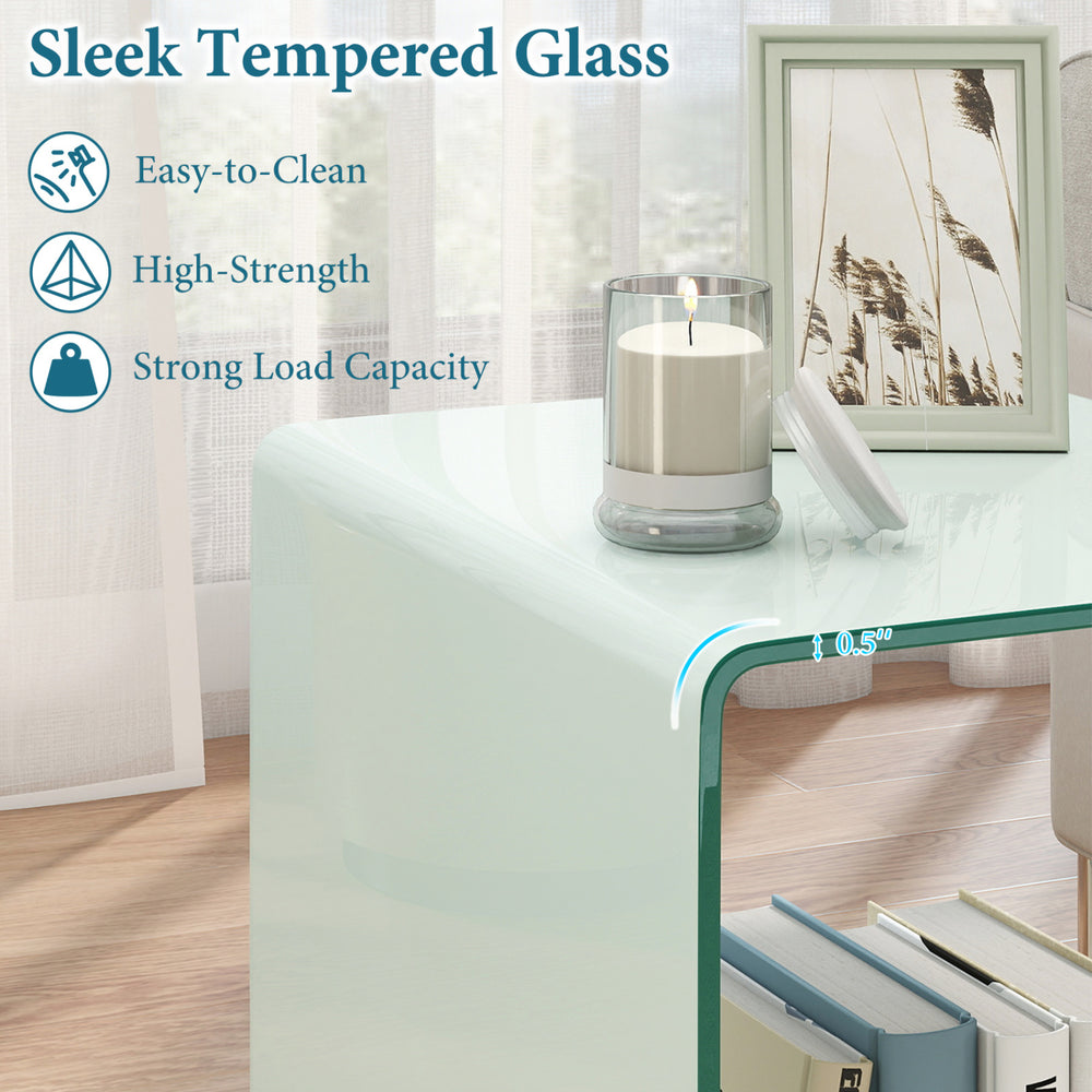 C-shaped end table with sleek tempered glass, featuring a 2-tier shelf and lockable wheels for versatile use.