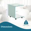 C-shaped end table with dimensions, made of tempered glass, featuring a shelf and lockable wheels for versatile use.