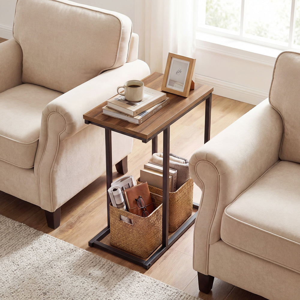 C-Shaped End Table Small Side Table with Sturdy Metal Frame-Walnut - Gallery View 1 of 10