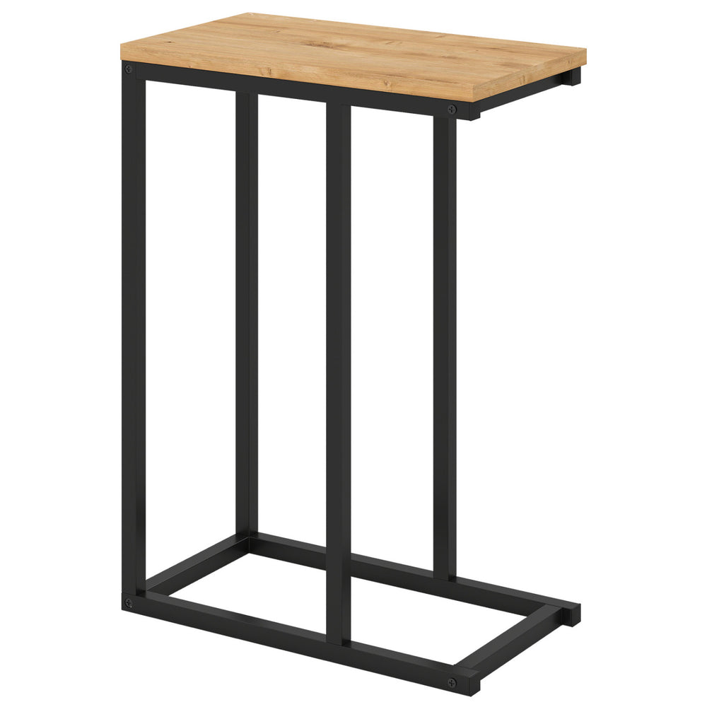 C-shaped end table with a natural wood top and sturdy black metal frame, ideal for living room or home office use.
