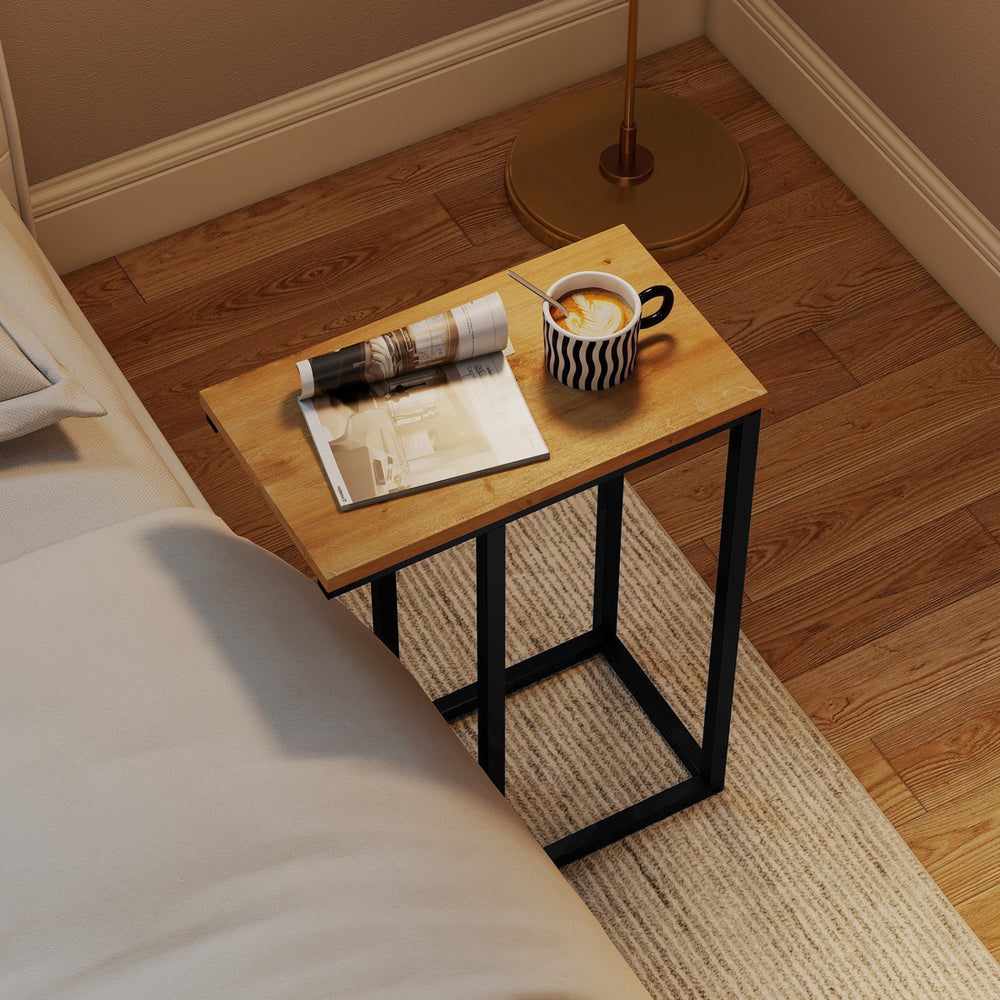 C-shaped end table with a natural wood top and sturdy metal frame, perfect for living room or bedroom use.