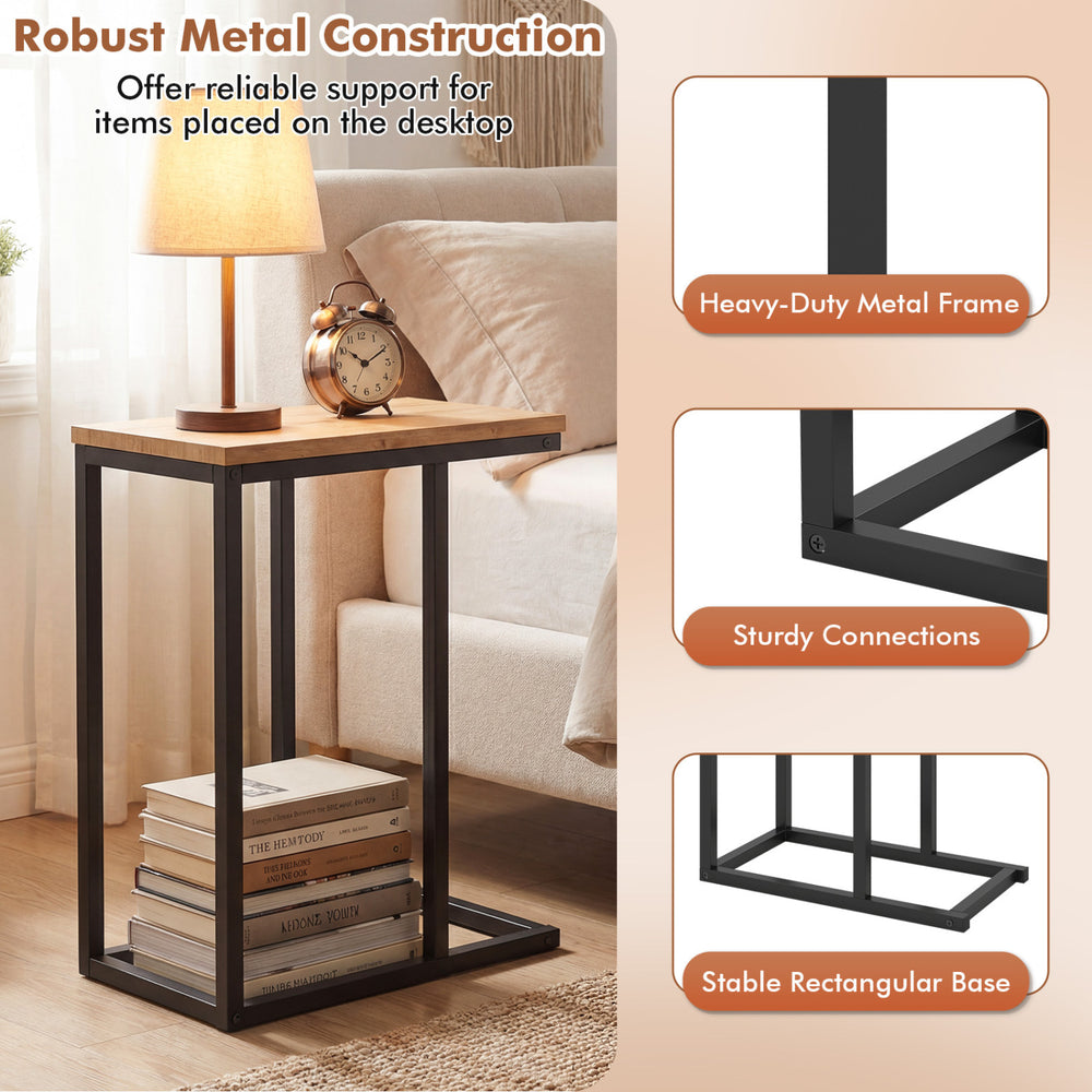 C-shaped end table with a sturdy metal frame and natural wood top, ideal for living room or home office use.