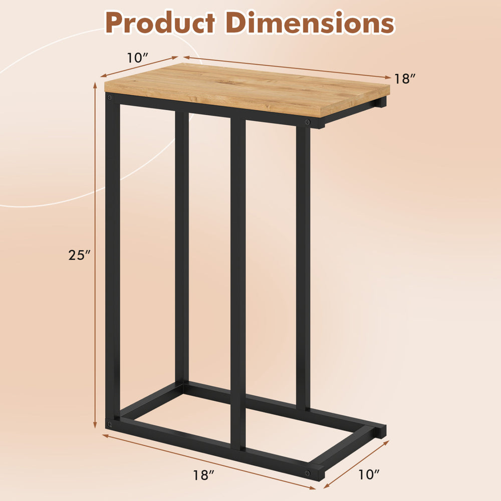 C-shaped end table with a natural wood top and sturdy metal frame, ideal for living room or home office use.