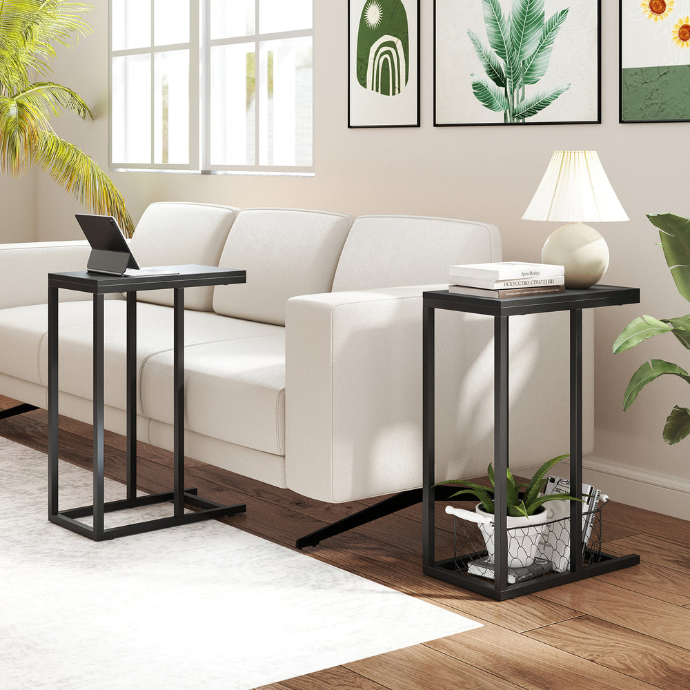 C-shaped end table with metal legs, perfect for holding drinks and snacks, designed to slide under a couch.