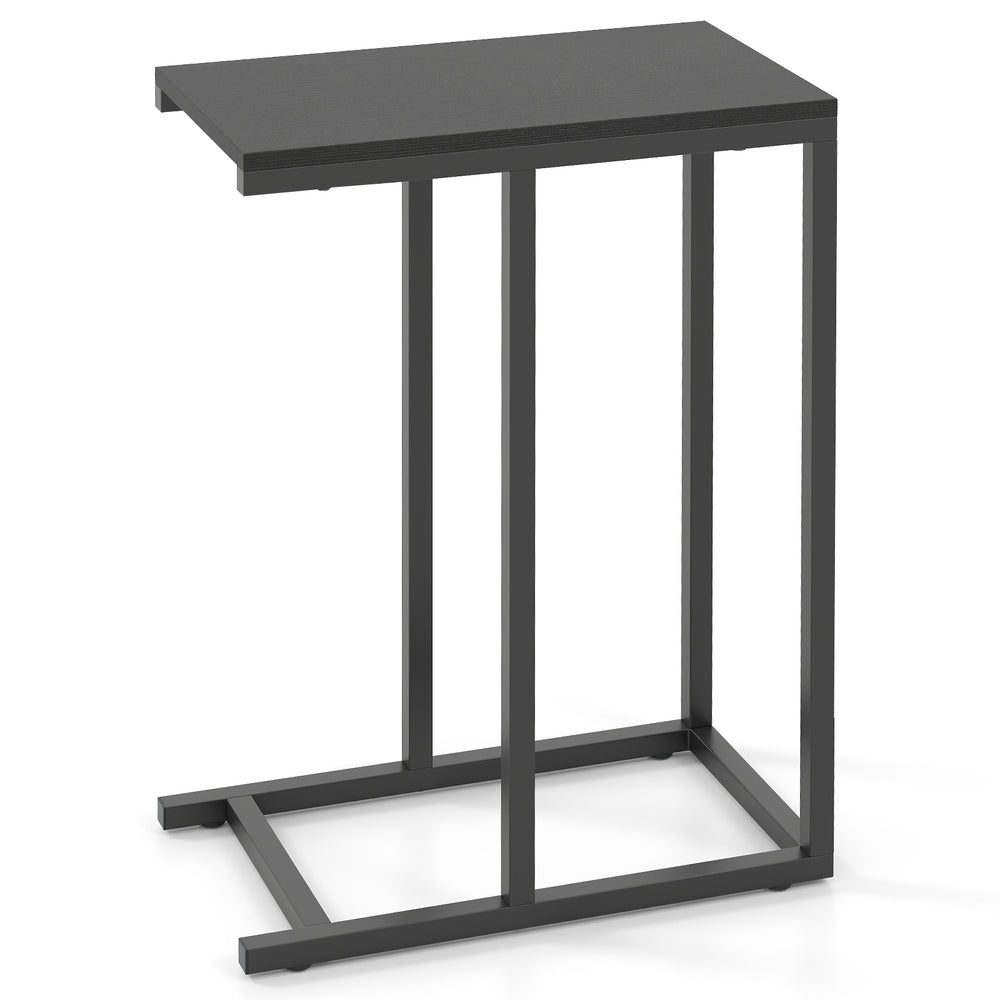 C-shaped end table with a sleek black surface and sturdy metal legs, perfect for holding drinks and snacks beside your.