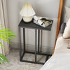 C-shaped end table with a black surface and metal legs, perfect for holding drinks and snacks beside a couch or bed.