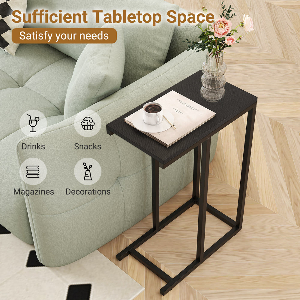 C-shaped end table with black finish, perfect for holding drinks and snacks, slides under couch for space-saving.