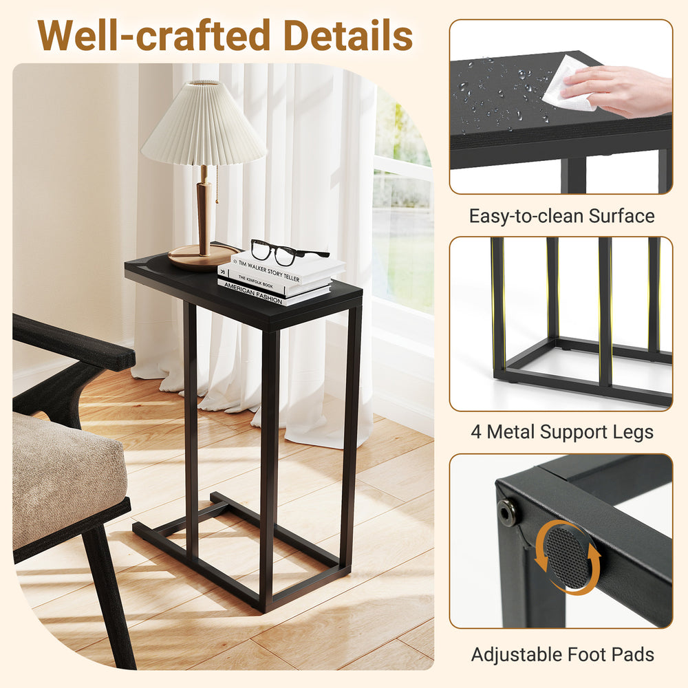 C-shaped end table with easy-to-clean surface, sturdy metal legs, and adjustable foot pads for versatile placement.
