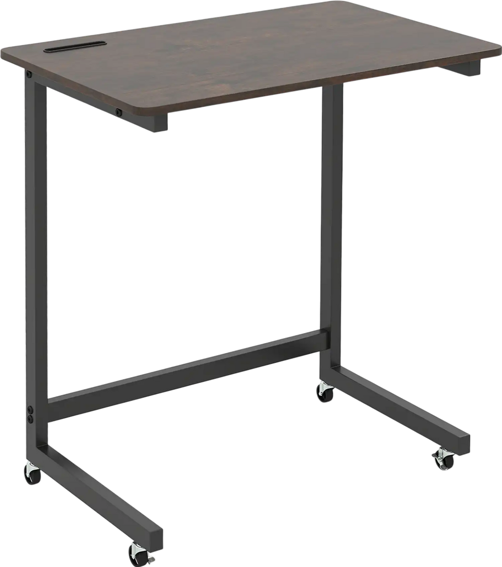 C-shaped end table in rustic brown with wheels, built-in phone slot, and spacious tabletop for versatile use.