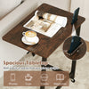 C-shaped end table in rustic brown with wheels and built-in phone slot, perfect for holding snacks and magazines.