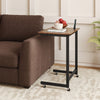 C-shaped end table with wheels in rustic brown, featuring a spacious tabletop and built-in phone slot for convenient.